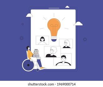 Video Call Conference. Book Club Online Meeting. Reading Lovers Digital Communication. People Talking To Each Other About Literature On Tablet Screen. Phone With Video Chat. Vector Illustration.