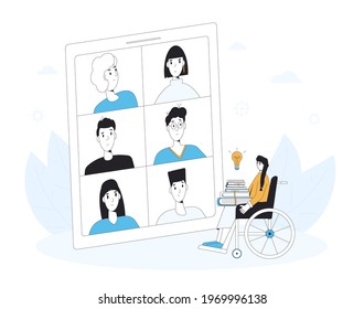 Video Call Conference. Book Club Online Meeting. Reading Lovers Digital Communication. People Talking To Each Other About Literature On Tablet Screen. Phone With Video Chat. Vector Illustration.