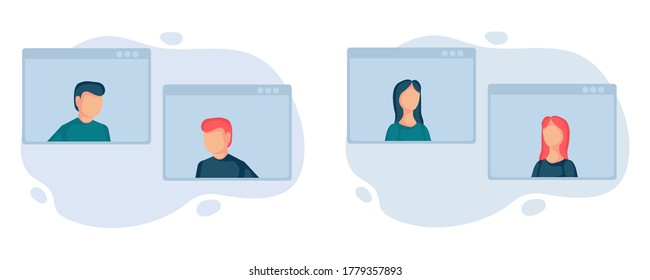 Video call conference concept illustration. Young people making video call through virtual user interface window. Business discussion. Social distancing. Remote project management. Flat design. Set.