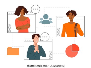 Video call conference concept. Men and women communicate online, discuss project and conduct dialogue. Friends at remote meeting. Characters with speech bubble. Cartoon flat vector illustration