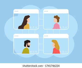 Video call conference. Concept of online meeting, working from home and learning at distance. Online video calling. Flat vector illustration.