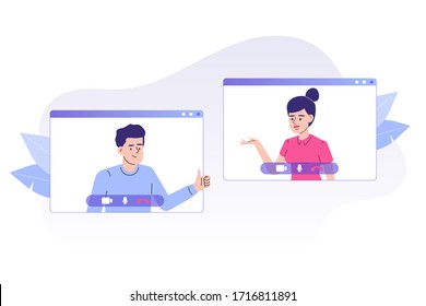 Video Call Conference Concept. Young People Making Video Call Through Virtual User Interface Window. Working From Home. Social Distancing. Remote Project Management. Vector Isolated Illustration