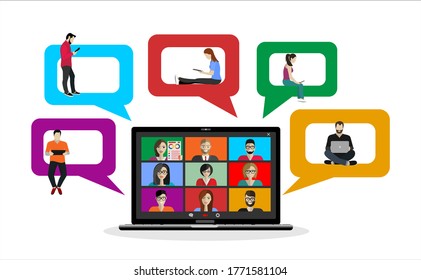Video call conference concept. Young people making video call through virtual user interface window. Working from home. Social distancing. Remote project management. Vector isolated illustration