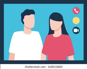 Video call or conference with couple. Man and woman on screen talking. Online communication via internet. Business meeting on distance. Male and female characters, button of phone icon, vector