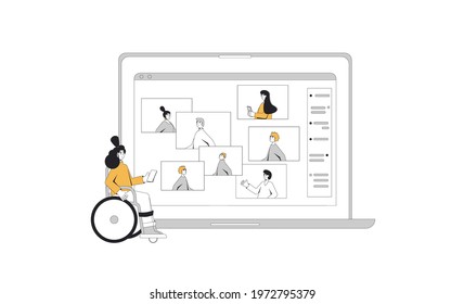 Video call conference. Friends online meeting. Digital communication. People talking to each other on computer screen. Vector color line art  illustration.