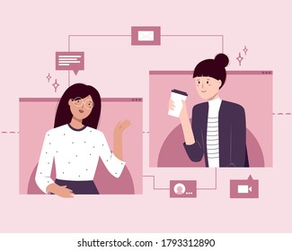 Video call conference with friends. Two girls talking, drinking coffee by online app. Chatting and share news, messages. Concept of keeping a long distance friendship. Vector illustration