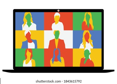 Video call conference, laptop video call. Meeting people talking about the news and global events. Stream friends. Chatting from home. Vector flat illustration. EPS 10.