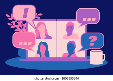 Video call conference or meeting people talking about the news and global events. Stream friends. Chatting from home. Vector flat illustration. EPS 10.