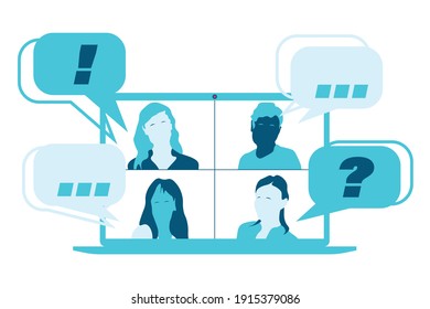 Video call conference or meeting people talking about the news and global events. Stream friends. Chatting from home. Vector flat illustration. EPS 10.