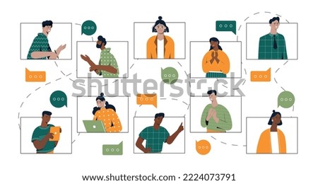Video call or conference. Modern technologies, remote employees or freelancers and coworkers. Set of graphic elements for website. Cartoon flat vector illustrations isolated on white background
