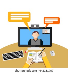 Video call or conference on computer. Web binar or web tutorial concept. 