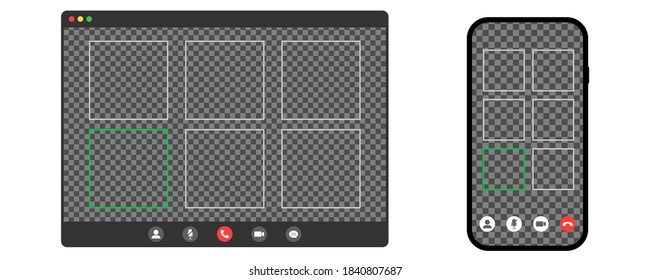 Video Call Conference On Mobile Phone And Computer. Mockup Of Remote Conversation With Transparent Background. Active Talking User Frame On Screen. Call Window Template. Vector EPS 10