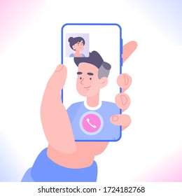 Video call or video conference on smartphone concept. Hand holding smartphone. People communicate online with mobile app on phone. Social distance and  working from home concept, vector illustration