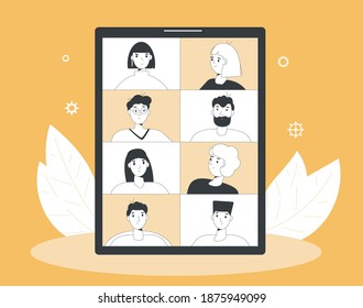 Video call conference. Online meeting. Digital communication. People talking to each other on tablet screen. Remote teamwork. Vector color line art flat illustration.