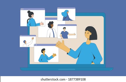 Video call conference. Online meeting collegues. Digital communication. Coworkers talking to each others with computer. Remote teamwork. Vector color line art flat illustration.