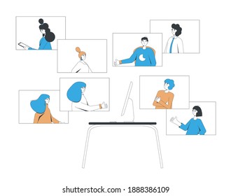 Video call conference. Online meeting collegues. Digital communication. Coworkers talking to each others with computer. Remote teamwork. Vector color line art flat illustration.