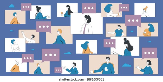 Video Call Conference. Online Meeting. Digital Communication. People Talking To Each Other On Internet. Remote Teamwork Or Learning. Vector Color Line Art Flat Illustration.