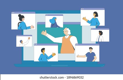 Video call conference. Online meeting. Digital communication. People talking to each other on laptop screen. Computer with video chat. Remote teamwork. Vector illustration.