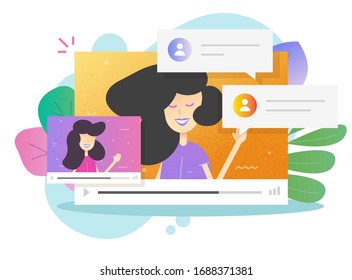 Video call conference online and people talking or internet web distance webinar with person characters communicating vector flat cartoon illustration, idea of education or learning concept modern