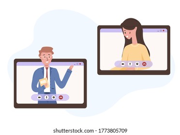 Conferencia de videollamadas, gestión remota de proyectos, charla con amigos. Jóvenes haciendo videollamadas a través de la ventana de la interfaz de usuario virtual. Trabajando desde casa. Ilustración vectorial en estilo plano.