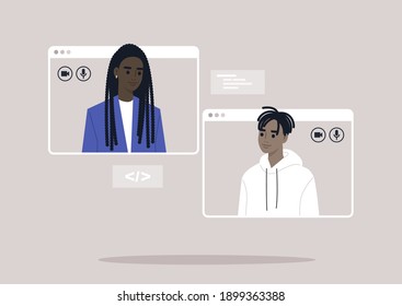 Video call conference scene with two characters popping ou from the browser windows, working from home environment, social distancing and business