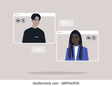 Video call conference scene with two characters popping ou from the browser windows, working from home environment, social distancing and business