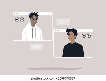 Video call conference scene with two characters popping ou from the browser windows, working from home environment, social distancing and business