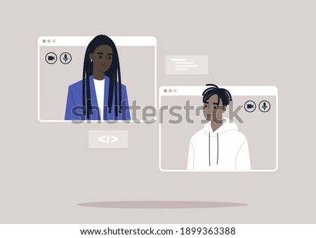 Video call conference scene with two characters popping ou from the browser windows, working from home environment, social distancing and business