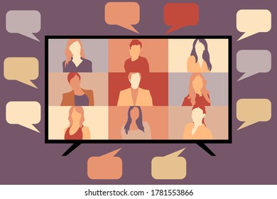 Video call conference, screen and speech bubbles. Stream friends. Chatting from home. Talking about the news and global events. Vector flat illustration. EPS 10.