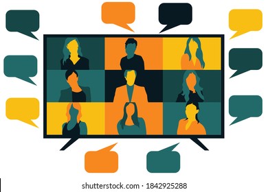 Video call conference, screen and speech bubbles. Stream friends. Chatting from home. Talking about the news and global events. Vector flat illustration. EPS 10.