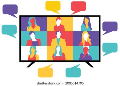 VIDEO CALL conferencia, pantalla y burbujas de voz. ¡arrojar amigos! Chateando desde casa. Hablando sobre las noticias y los eventos globales. Ilustración plana VECTOR. EPS 10.