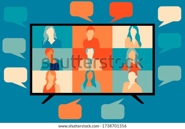 VIDEO CALL conference,\
screen and speech bubbles. STREAM friends! CHATTING from home.\
Talking about the news and global events. VECTOR flat illustration.\
EPS 10.