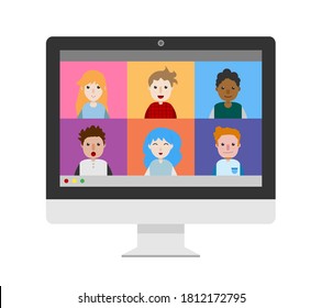 Video call conference, vector flat design illustration of a group of people in a virtual meeting session on computer screen display, isolated on white background.