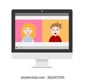 Conferencia de videollamadas, ilustración de diseño plano vectorial de una pareja en una sesión virtual en pantalla de computadora, aislada en fondo blanco.