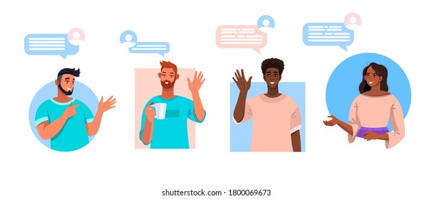 Video call or conference vector illustration with multinational people, speech bubbles. Virtual meeting and online communication concept with diverse men and women. Video call banner in flat style