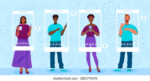 Video call or conference vector illustration with young multi-national people standing with smartphones. Virtual meeting and online communication banner.Video call concept with young diverse students 