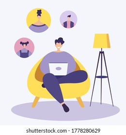 Video call conference while working from home, social distancing concept. Business discussion. Vector illustration.