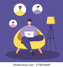 Video call conference while working from home, social distancing concept. Business discussion. Vector illustration.
