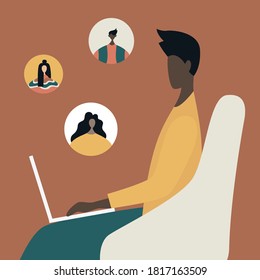 Video call conference while working from home, social distancing concept. Business discussion. Vector illustration.