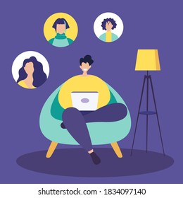 Video call conference while working from home, social distancing concept. Business discussion. Vector illustration.
