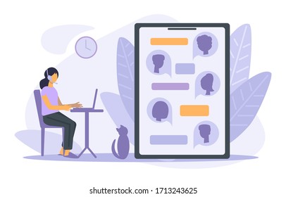 Video call conference, working from home, education, social distancing, lesson with people. Stay home on quarantine. Cartoon flat vector illustration for web banner, landing page