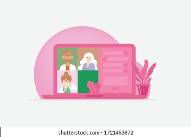 Video call conference, working from home. Colleagues talk to each other on the laptop screen, vector