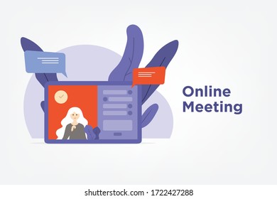 Video call conference, working from home. Colleagues talk to each other on the laptop screen, vector
