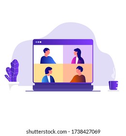 Video call conference, working from home, social distancing, business discussion on the laptop screen. Suitable for Web Landing Page, Banner, Flyer, Sticker, Card