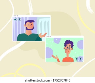 Video call conference, working from home,  business discussion. People have virtual conversation with a video chat software windows concept. Social distancing.