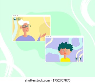 Video call conference, working from home,  business discussion. People have virtual conversation with a video chat software windows concept. Social distancing.
