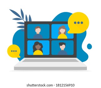 Video call conference, working from home, social distancing, business discussion on the laptop screen. Vector flat illustrations. Conference video call on laptop, backdrop scribble and leaves.
