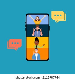 Video call conference, working from home, social distancing, business discussion. People talking on video conference. Smartphone, friend, chat flat vector illustration. Zoom. Google Meet. Webex.