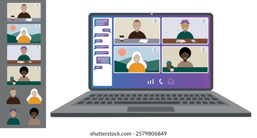 Video call conference, working from home. Colleagues of different nationalities and ages talk to each other on the laptop screen. Isolated illustration on white background in flat style trendy colors