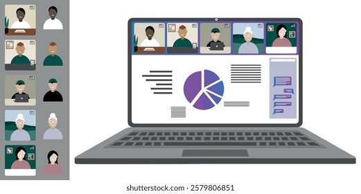 Video call conference, working from home. Colleagues of different nationalities and ages talk to each other on the laptop screen. Isolated illustration on white background in flat style trendy colors
